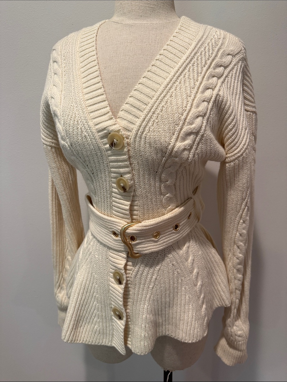 Maeve Belted Peplum Cream Cable-Knit Belted V-Neck Cardigan